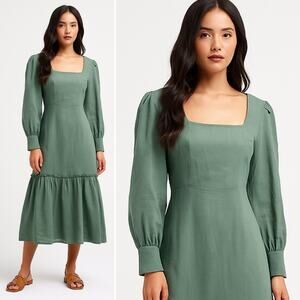 HARSHMAN Bloom Flounce Ruffle Dress Olive Green Linen Cottagecore Medium NEW